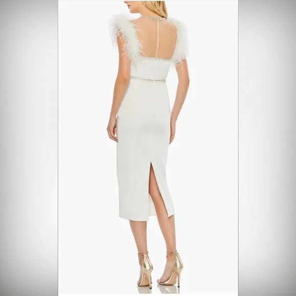 NEW Mac Duggal White Feather Cap Sleeve Pearl Embellished midi Dress Size 4